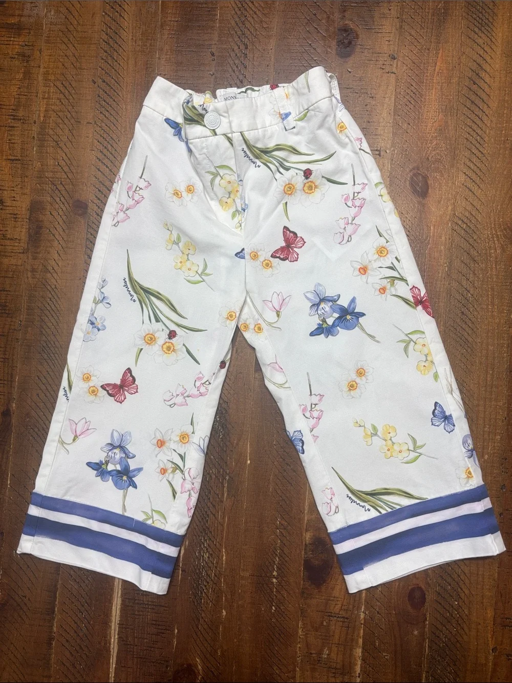 Monnalisa Made in Italy White Floral Girls Cutoff Wide Leg Pants Culottes Size 6